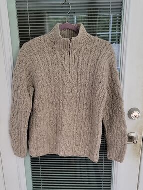 Lauren Ralph Lauren Hand Knit Wool Quarter Zip Fisherman Sweater Cable Knit